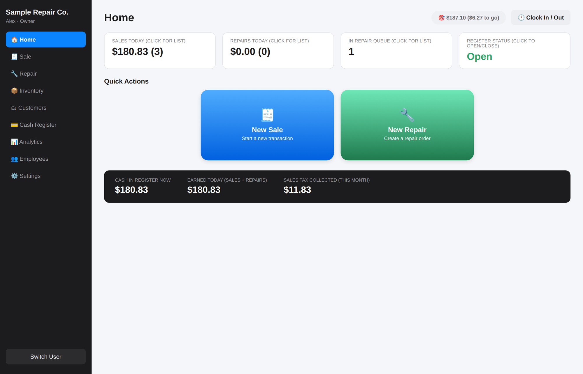 StoreStockSoft dashboard showing today's sales, repairs, and cash register status